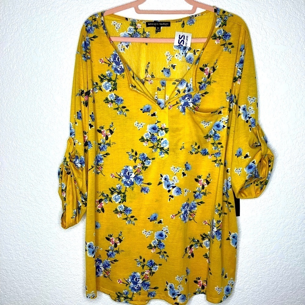 NEW‎ ALWAYS INDIGO PLUS SIZE 3X TOP YELLOW BLUE FLORAL BLOUSE NWT